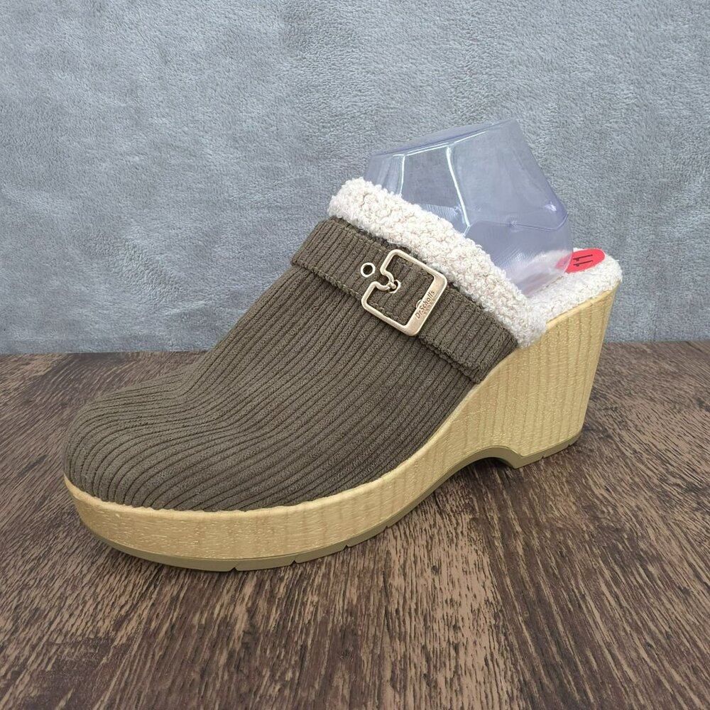 Dr Scholls Pixie Clog Mules 11 Olive Green Corduroy Faux Shearling Slip On Comfy